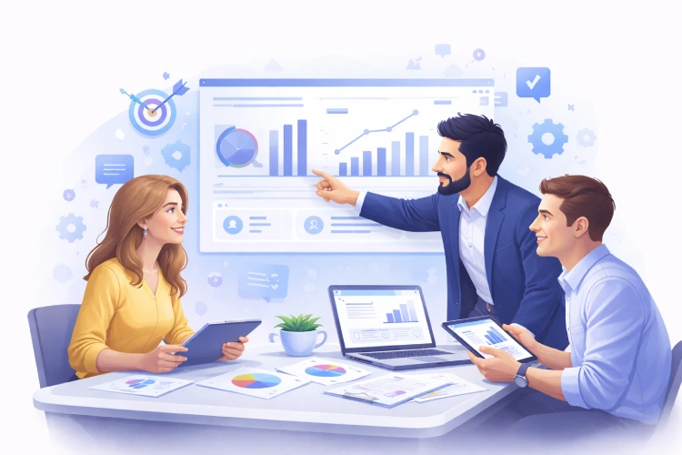 Três profissionais discutindo dados de negócios em uma mesa, com gráficos e relatórios apresentados em um monitor ao fundo.