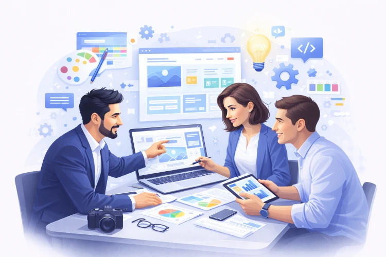 Três profissionais discutindo estratégias digitais em uma reunião, com gráficos e dispositivos eletrônicos sobre a mesa.