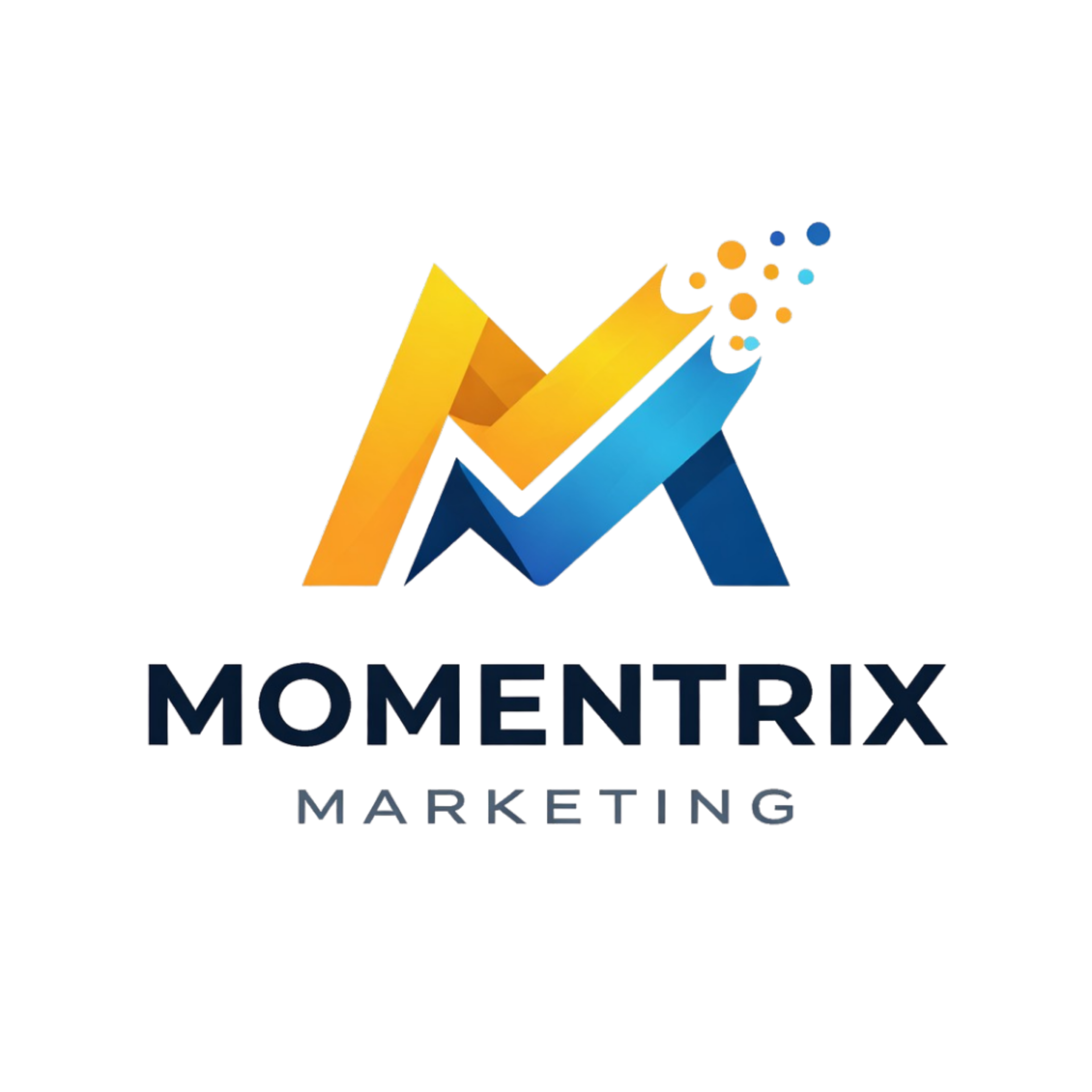 Logotipo da Momentrix Marketing, com a letra 'M' estilizada em azul e amarelo, acompanhada do nome 'MOMENTRIX' e 'MARKETING' em tipografia moderna.