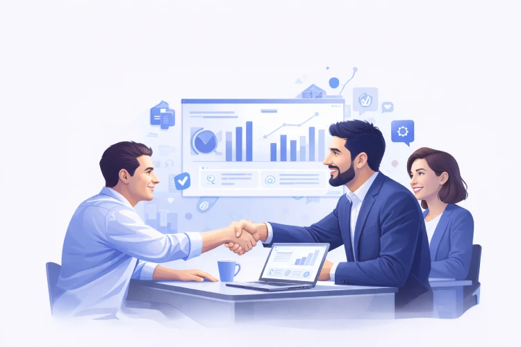Duas pessoas se cumprimentando em uma mesa de reuniões, com um laptop e gráficos ao fundo. Uma terceira pessoa observa sorrindo.
